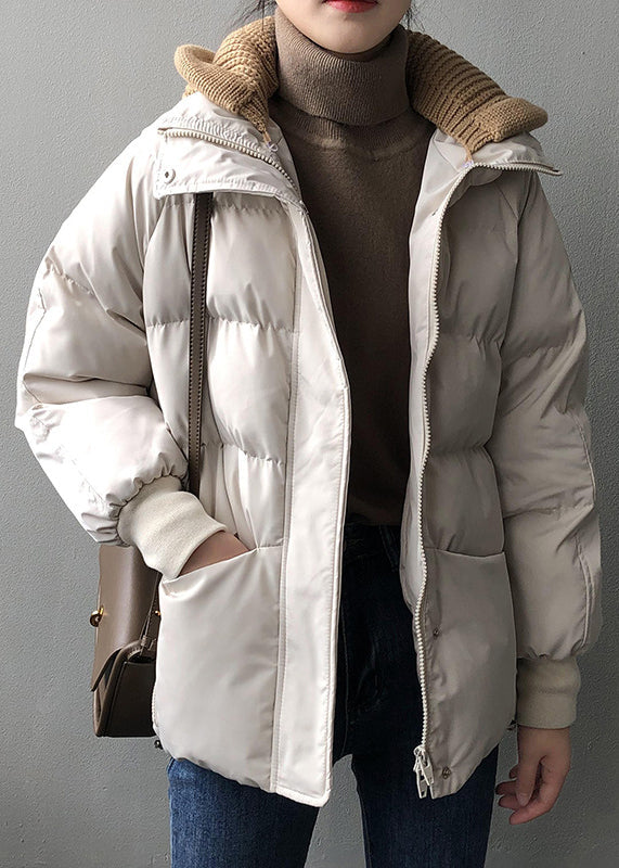 Organic Beige Hooded Pockets Fine Cotton Filled Witner Coat Winter