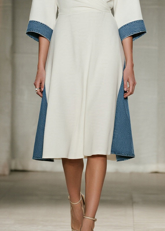 White V Neck Patchwork Denim Day Dress Summer