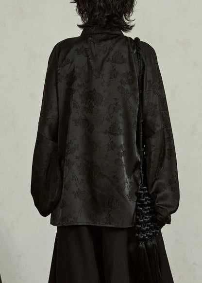 Jacquard Black Button Silk Shirts Fall