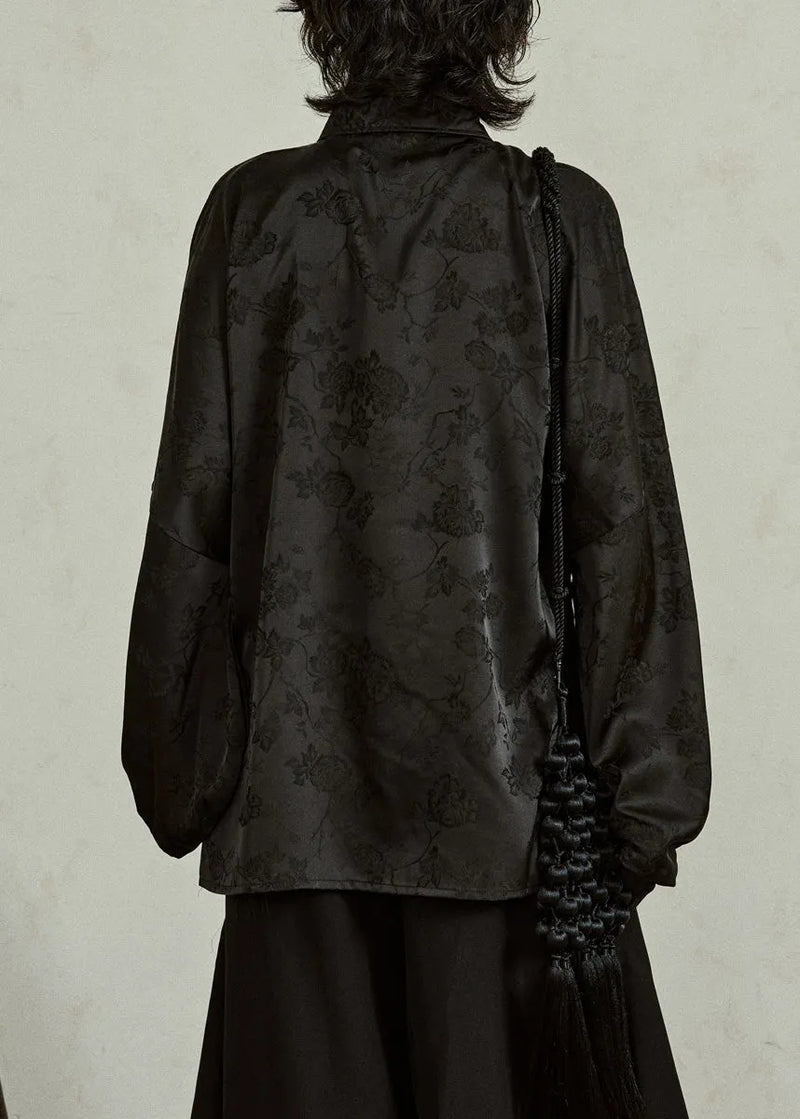 Jacquard Black Button Silk Shirts Fall