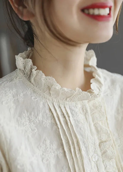Stylish Apricot Ruffled Button Cotton Blouse Tops Long Sleeve Spring