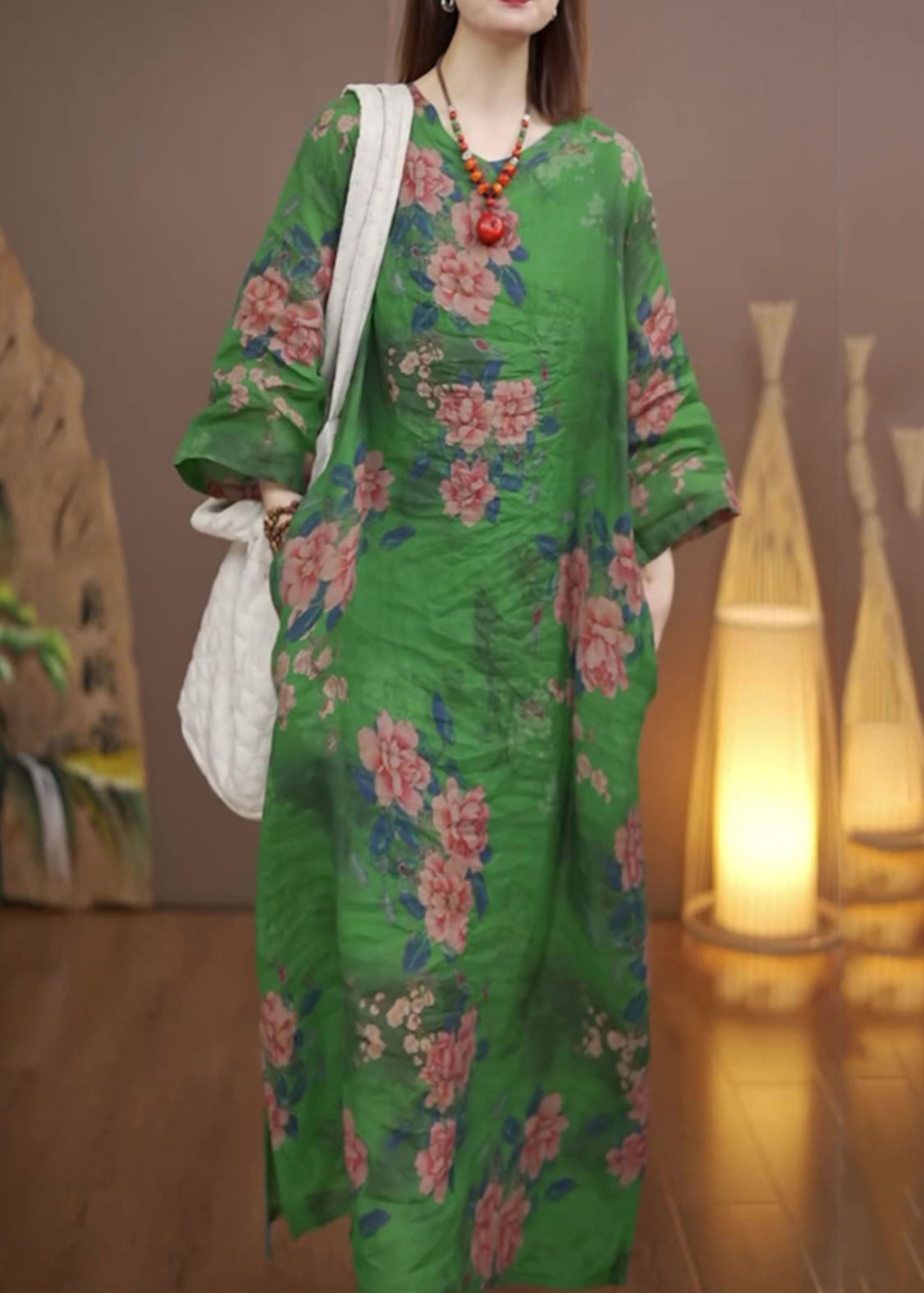Green O-neck Print Long Dress Spring