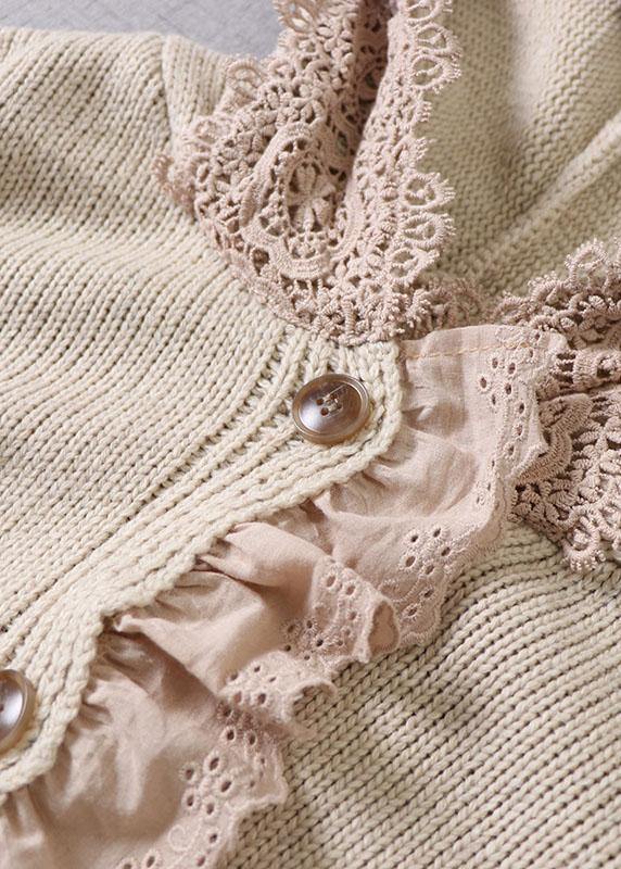 Art Beige Hooded Button Pockets Fall Knit Sweaters Coat