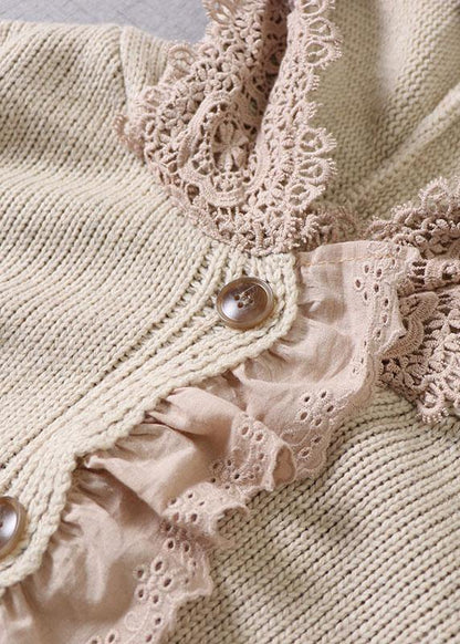 Art Beige Hooded Button Pockets Fall Knit Sweaters Coat