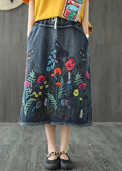 Dark Blue Embroideried Tasseled a Line Summer Skirts Denim