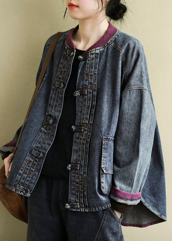 Blue O-neck Patchwork Low High Design Cotton Denim Coats Spring