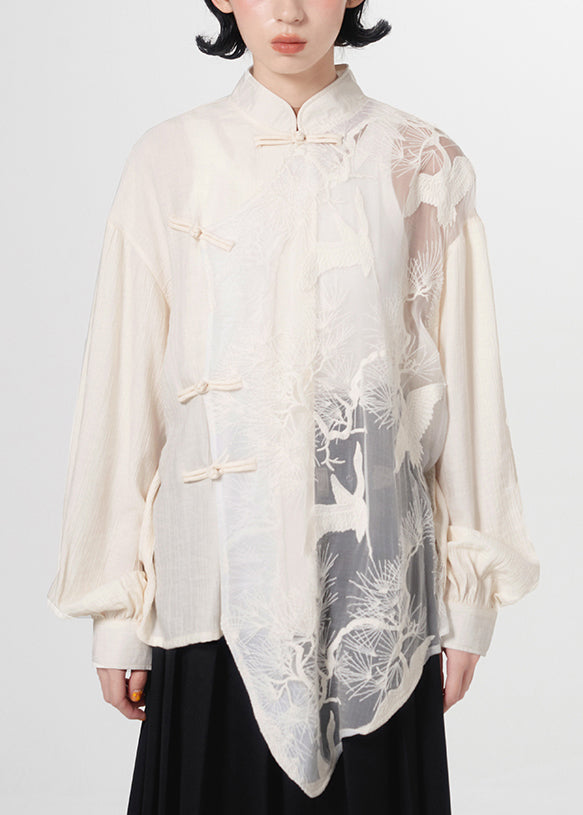 Loose White Embroideried Chinese Button Patchwork Tulle Shirt Top Spring