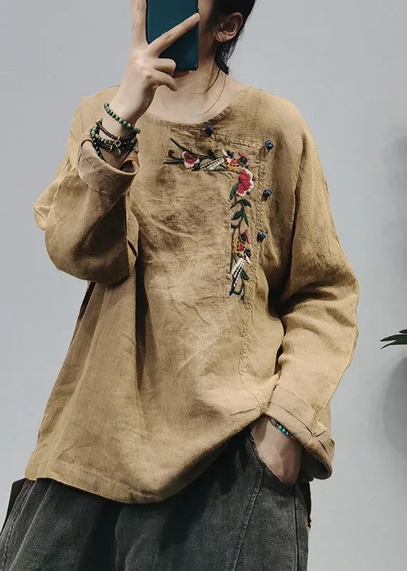 Red O-neck Side Open Embroideried Linen Top Long Sleeve