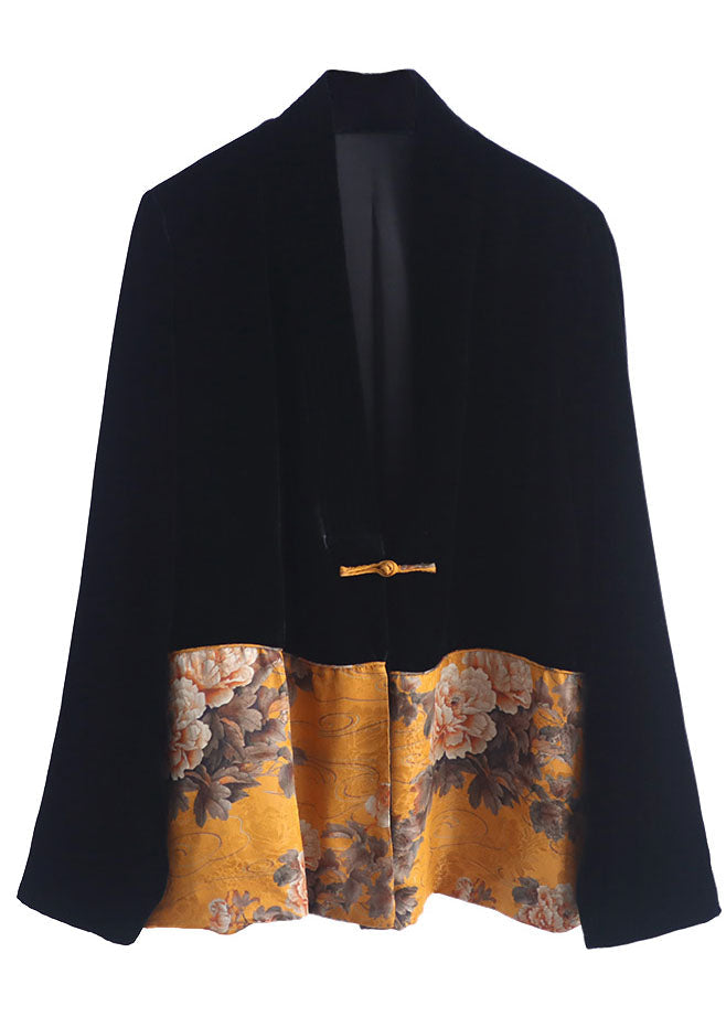 Italian Black Button V Neck Print Patchwork Silk Coats Long Sleeve Spring
