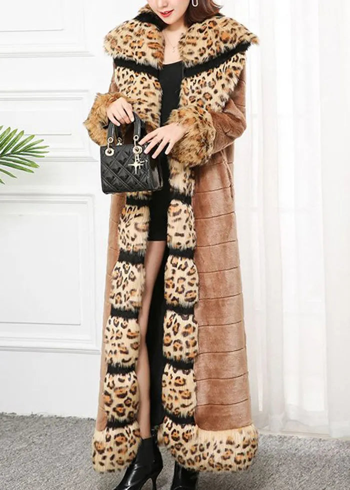 Khaki Fox Collar Patchwork Leopard Faux Fur Coat Winter