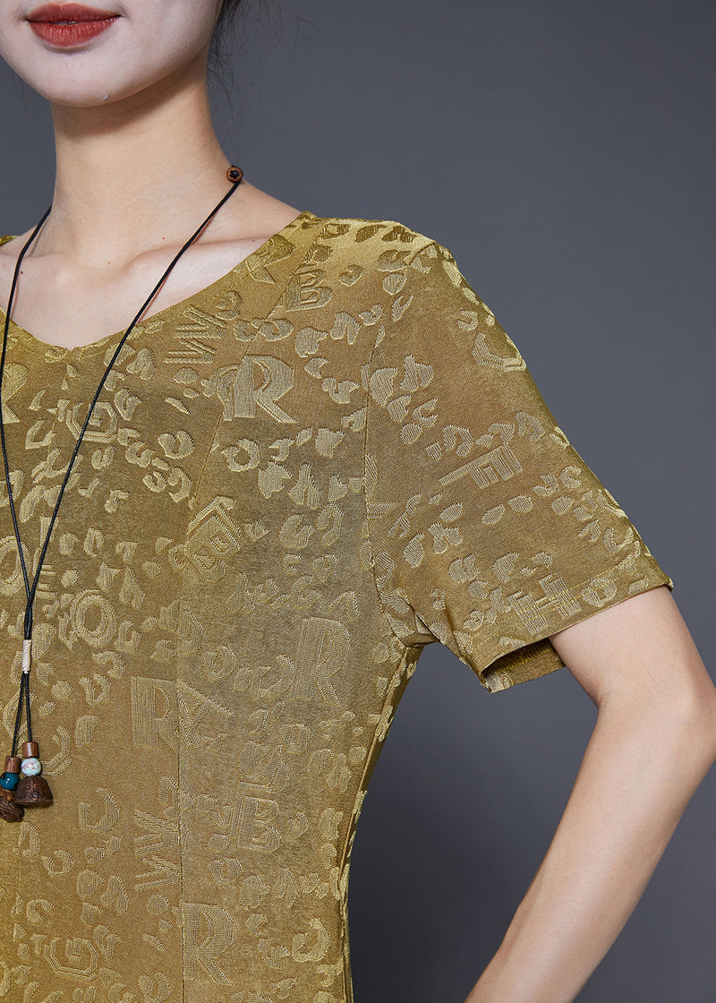 Grass Green Jacquard Silk a Line Dresses Slim Fit Summer