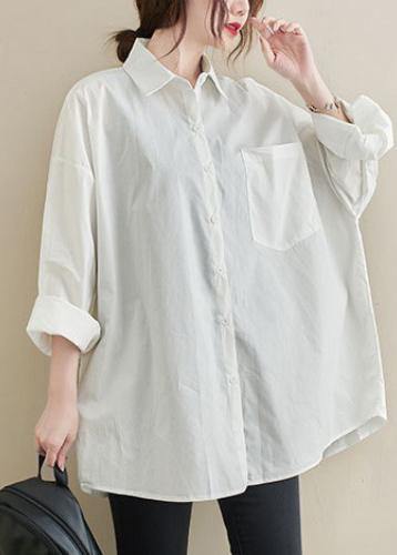 Modern White Tunic Lapel Pockets Midi Spring Tops