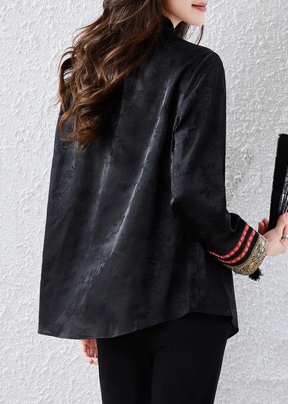 Chinese Style Black Jacquard Patchwork Silk Blouses Fall