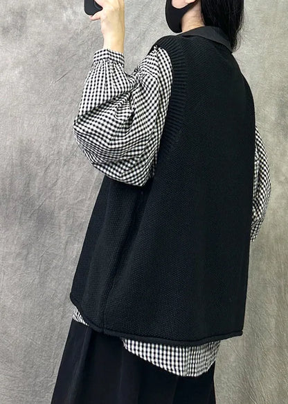 Cozy Black O Neck Knit Vest Tops Sleeveless