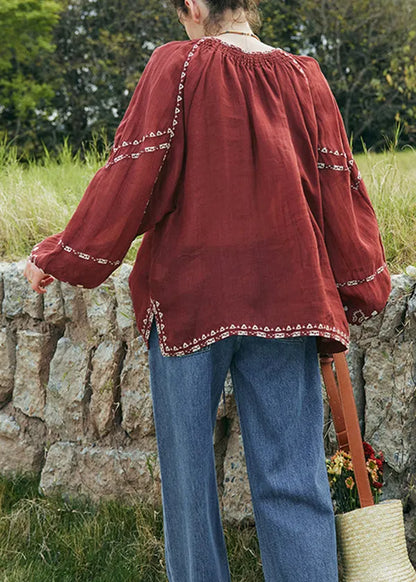 Mulberry Embroidered Patchwork Cotton Blouse Top Lantern Sleeve