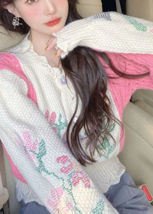 Diy Beige Embroideried Hollow Out Button Fall Sweater