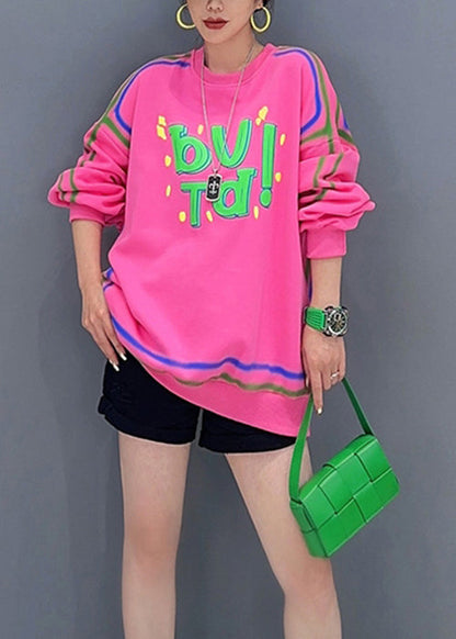 Pink O Neck Letter Printing Patchwork Cotton Sweatshirt Fall