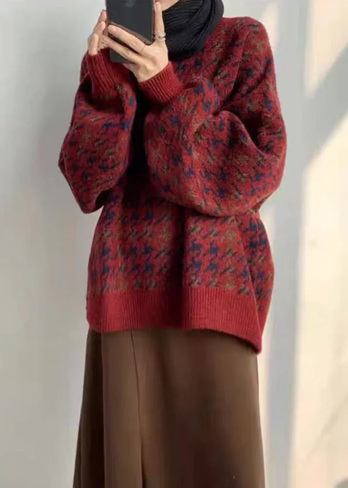 Red O Neck Print Loose Knit Sweater Spring