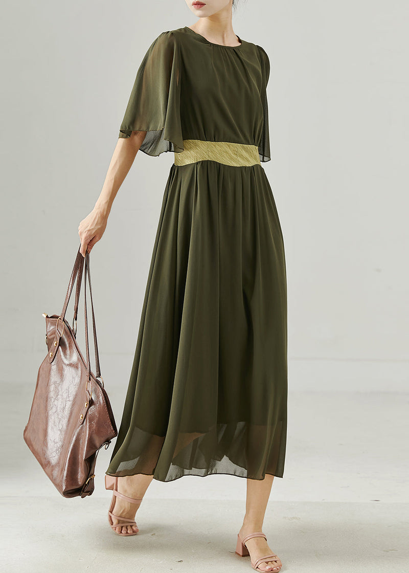 Army Green Exra Large Hem Draping Chiffon Long Dress Summer