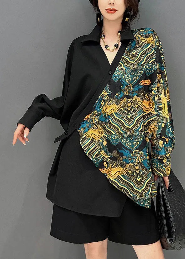 Diy Black Asymmetrical Patchwork Print Cotton Shirt Tops Batwing Sleeve