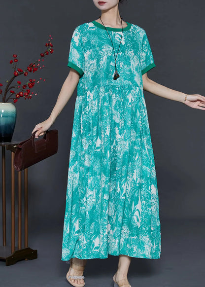 Green Print Exra Large Hem Silk Ankle Dress Summer