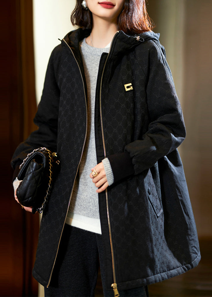 Khaki Hooded Print Drawstring Cotton Filled Coats Long Sleeve