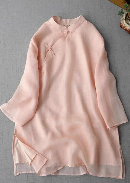 Yellow Stand Collar Chinese Button Linen Shirt Bracelet Sleeve