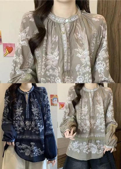 Stylish Navy Oversized Print Cotton Shirt Top Fall