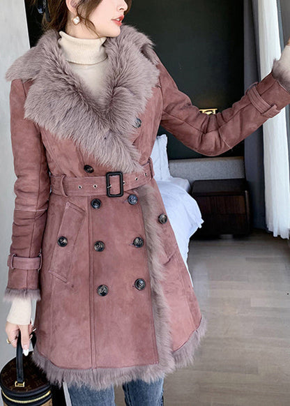 Classy Pink Fur Collar Tie Waist Leather and Fur Coats Winter