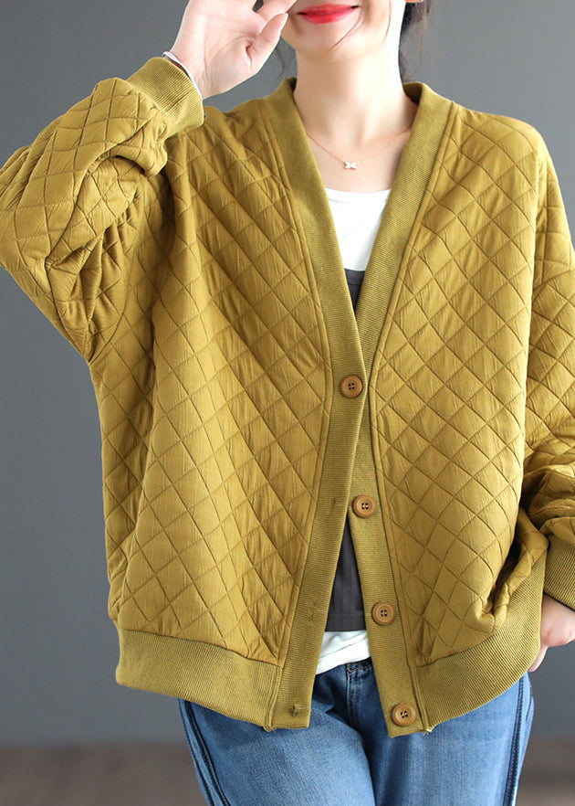 Yellow V Neck Button Cotton Cardigan Coats Fall