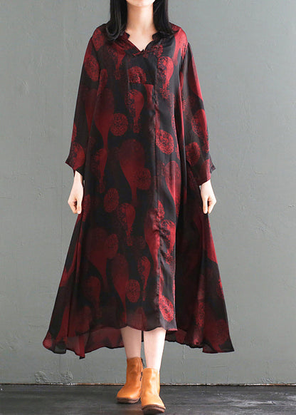 Oversized Chinese Button Print Silk Long Dress Fall