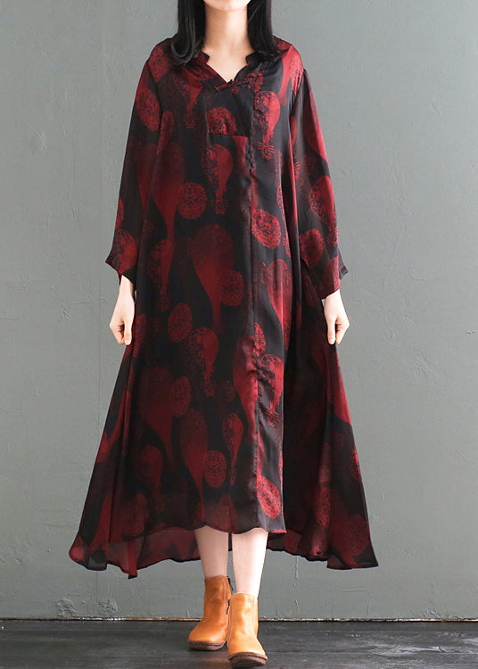 Oversized Chinese Button Print Silk Long Dress Fall