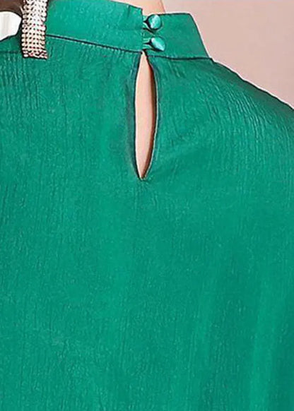 Style Green Stand Collar Button Embroideried Chiffon Top Half Sleeve
