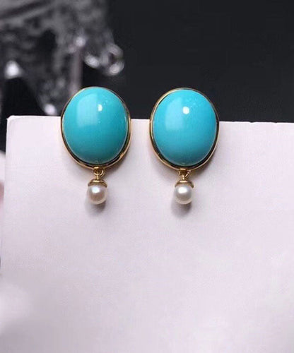 Simple Blue 18k Gold Inlaid Turquoise Jade Stud Earrings