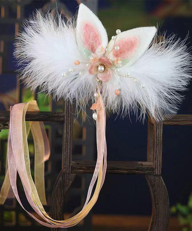Watery Red Alloy Pearl Colored Glaze Cat's Ears Feather Hairpin and Ribbon Two-piece Set