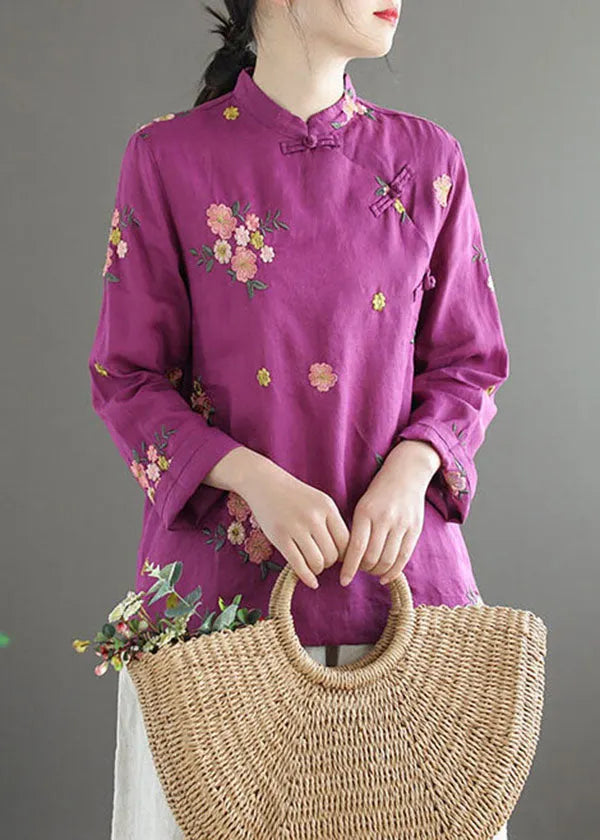 Purple Stand Collar Embroideried Patchwork Cotton Top Spring