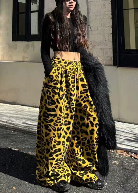 Yellow Oversized Leopard Print Warm Fleece Pants Spring