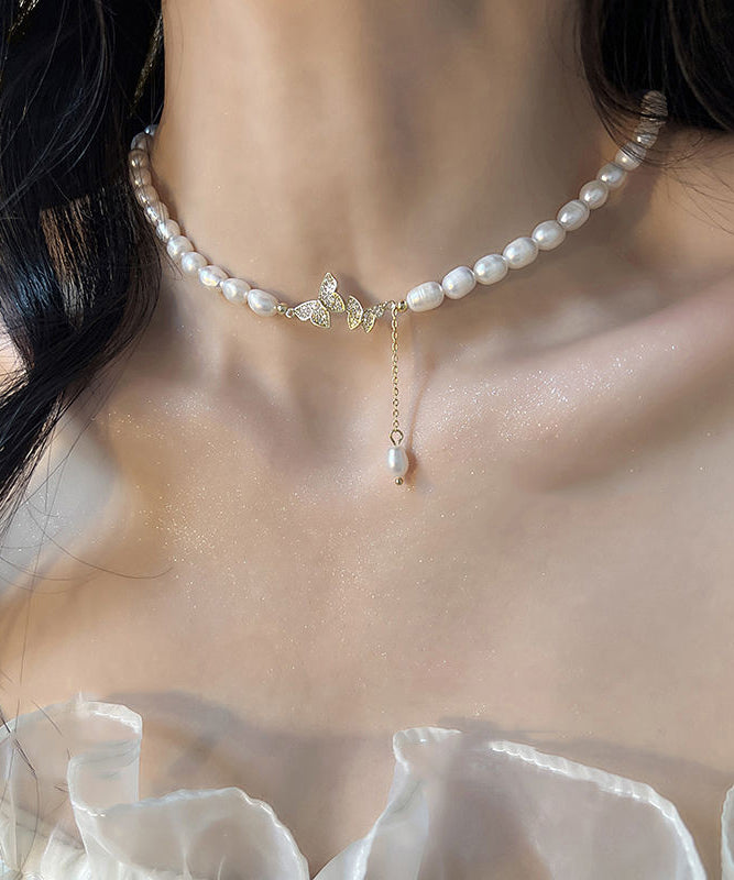 White Sterling Silver Alloy Zircon Butterfly Pearl Lariat Necklace