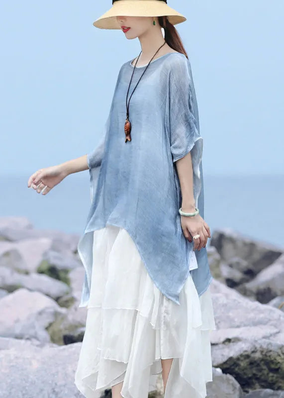 Blue O-neck Asymmetrical Design Linen Tops Batwing Sleeve