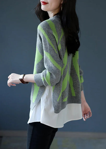 Grey O-neck Thick Striped Patchwork Fake Two Pieces Knit Sweaters Fall