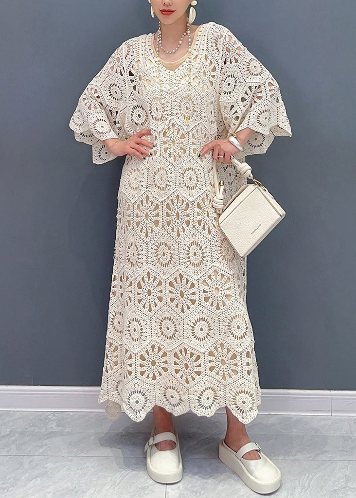 Simple Apricot O-neck Hollow Out Knit Maxi Dress Long Sleeve Summer