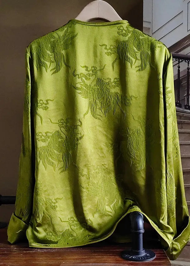 Modern Green O-neck Jacquard Patchwork Silk Tops Spring