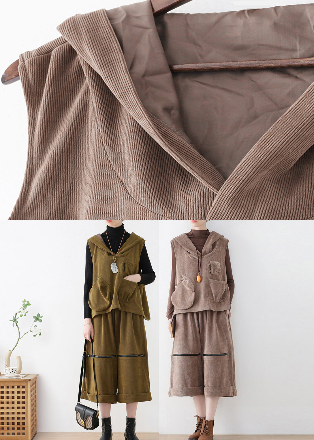 Khaki Velour Hooded Waistcoat and Crop Pants Two Pieces Set Fall
