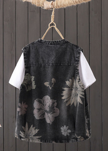 Black O-neck Print Pockets Button Denim Waistcoat Sleeveless