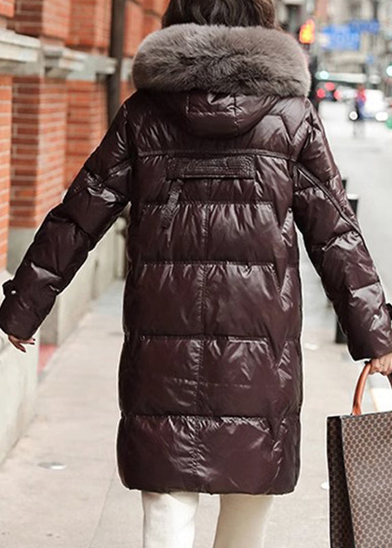 Coffee Fox Collar Drawstring Zippered Duck Down Puffer Jacket Winter