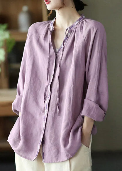 Novelty Purple V Neck Embroideried Neck Tie Linen Shirt Long Sleeve