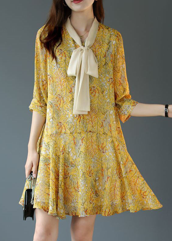 Yellow Lace Up Patchwork Print Chiffon Party Dress Summer