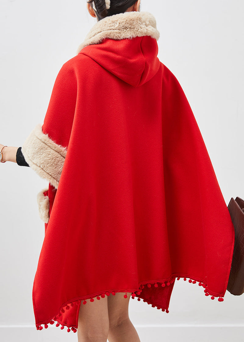 Red Oversized Patchwork Fuzzy Ball Decorated Woolen Coats Winter