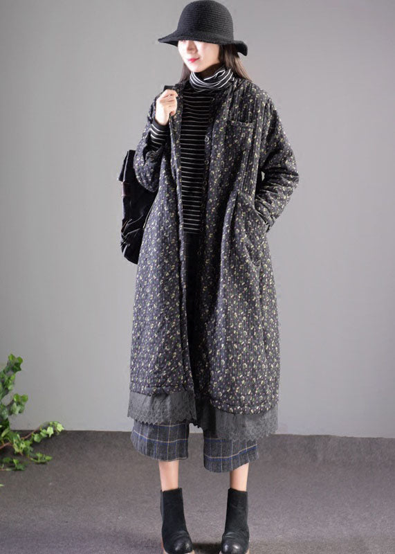 Black Lace Patchwork Fine Cotton Filled Witner Coats Lengthen