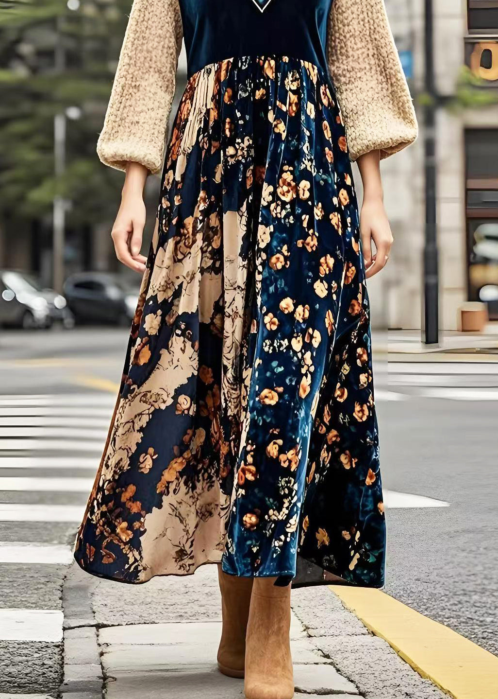 V Neck Patchwork Print Silk Velour Maxi Dresses Spring